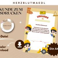 Digitale Kinderurkunde Bauprofi – A4 PDF zum Ausdrucken, Radlader & Handwerker Thema Bild 1