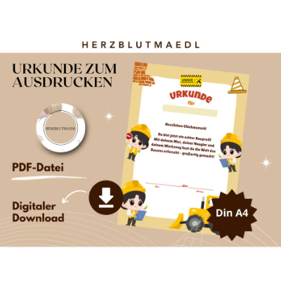 Digitale Kinderurkunde Bauprofi – A4 PDF zum Ausdrucken, Radlader & Handwerker Thema
