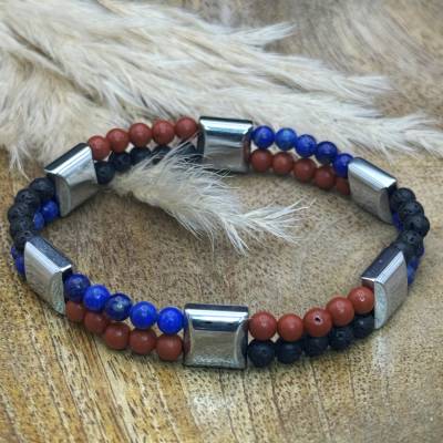 Zweireihiges 4mm Naturstein-Armband mit rotem Jaspis-Lavastein-Lapislazuli & magnetischer Hämatit-2-Loch Kissen