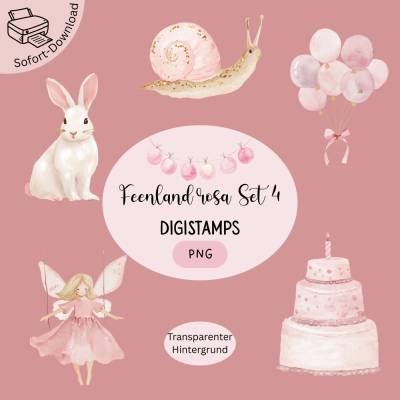 DigiStamp-Set Feenland Rosa Set 4: fünf zauberhafte PNG-Motive für Karten, Basteln & Scrapbooking