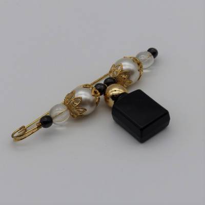 Anstecknadel, Kiltnadel mit Perlen, Tuchnadel gold, weiss, schwarz, Brosche 9 cm, Schmuck, Accessoires