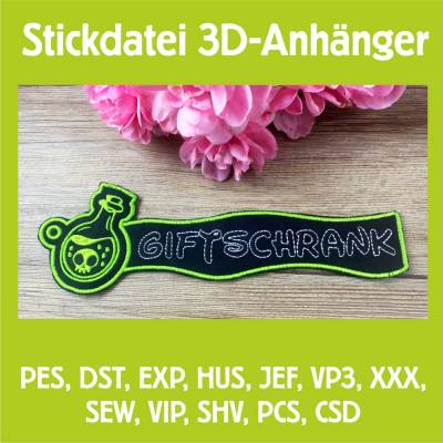 Stickdatei 3D-Anhänger GIFTSCHRANK, Maschinenstickerei, Stickmuster mit Trapunto-Effekt, 3D-Stick, Lesezeichen