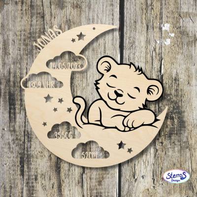 Laserdatei Mond mit Babylöwe – Holzschild zur Geburt oder Taufe, Gravur für Namen und Geburtsdaten, personalisierbare Ba