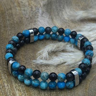 Zweireihiges 6mm Naturstein-Armband Südafrikanischer Türkis & Silber Obsidian – Edelstahl Doppel-Loch Perlen