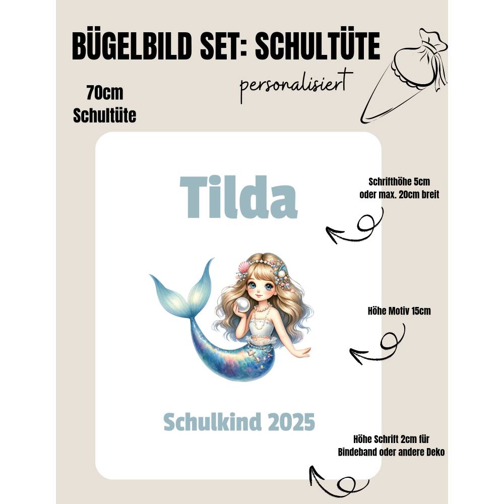 Set für Schultüte: Bügelbild Mermaid Cutie 12 Perle