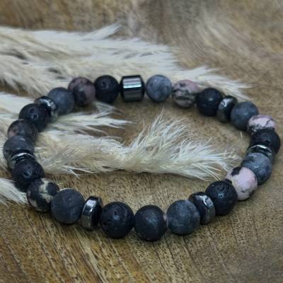 Naturstein-Armband aus Lavastein, mattem Labradorit & gefrostetem Rhodonit – Handgefertigt & individuell
