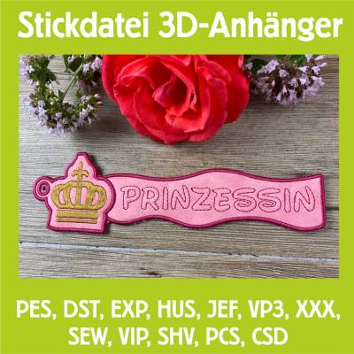 Stickdatei 3D-Anhänger PRINZESSIN, Maschinenstickerei, Stickmuster mit Trapunto-Effekt, 3D-Stick, Lesezeich