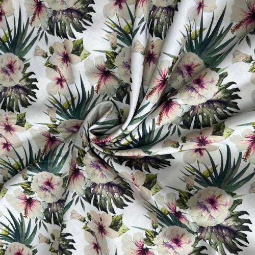 Baumwolle - Hibiskusblüte auf weißem Untergrund - 50cm