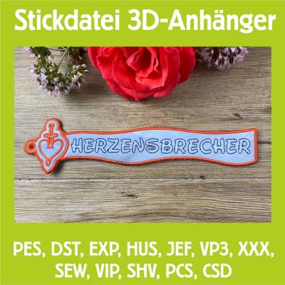 Stickdatei 3D-Anhänger HERZENSBRECHER, Maschinenstickerei, Stickmuster mit Trapunto-Effekt, 3D-Stick, Lesezeich