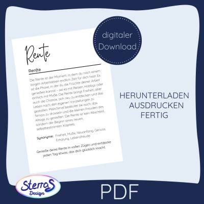 Definition Rente – Druckvorlage zum Ruhestand – Geschenk zum Renteneintritt – Poster PDF – liebevoll und modern