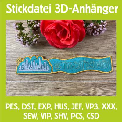 Stickdatei 3D-Anhänger STADTKIND, Maschinenstickerei, Stickmuster mit Trapunto-Effekt, 3D-Stick, Lesezeichen