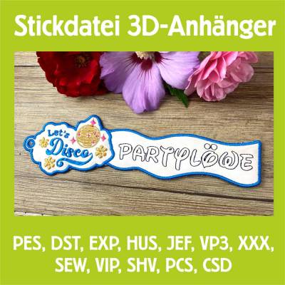 Stickdatei 3D-Anhänger PARTYLÖWE, Maschinenstickerei, Stickmuster mit Trapunto-Effekt, 3D-Stick, Lesezeich