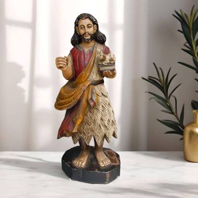 Antike Johannes der Täufer Holz Statue – San Juan Bautista, polychrom, 57 cm, 19. Jhd.