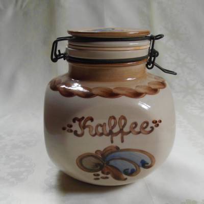 Vintage Kaffeedose Keramik Beige, braun, blau vermutlich aus den 1990er Jahren 