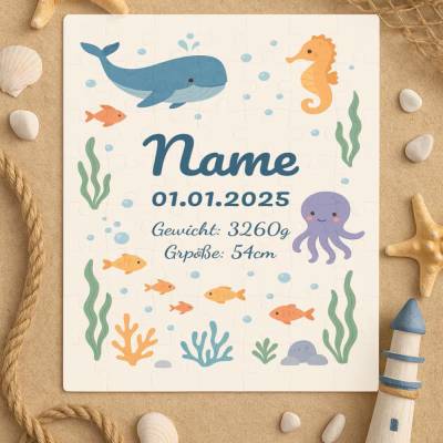 Personalisiertes Puzzle mit Name, Geburtsdaten, Gewicht & Größe – 80 Teile – Geschenk zur Geburt oder Taufe