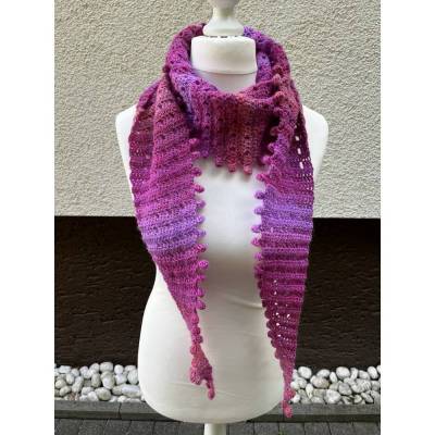 Handgefertigter Schal mit Bommeln – Dreieckstuch aus Farbverlaufgarn in Beerentönen