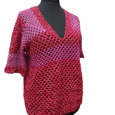 Handgehäkelter Sommerpulli Wildberry Unisex M-L, Kurzarm, Unikat, Baumwollmischgarn