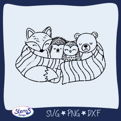Kuschelwetter Plotterdatei Herbst Winter Tiere – Fuchs, Igel, Eule, Bär unter Decke – SVG DXF PNG f&uum