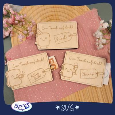 Laserdatei „Ein Toast auf dich“ – Geschenkkartenhalter, Geldgeschenk, Geburtstag, Abschluss, 3 Toast-Motive 