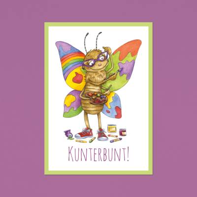 Postkarte: Kunterbunt, Farbenfroh, Diversität, LGBTQ, Glück, Fasching, Kunst, Party, Kita, Einschulung, Geburtstag, A6