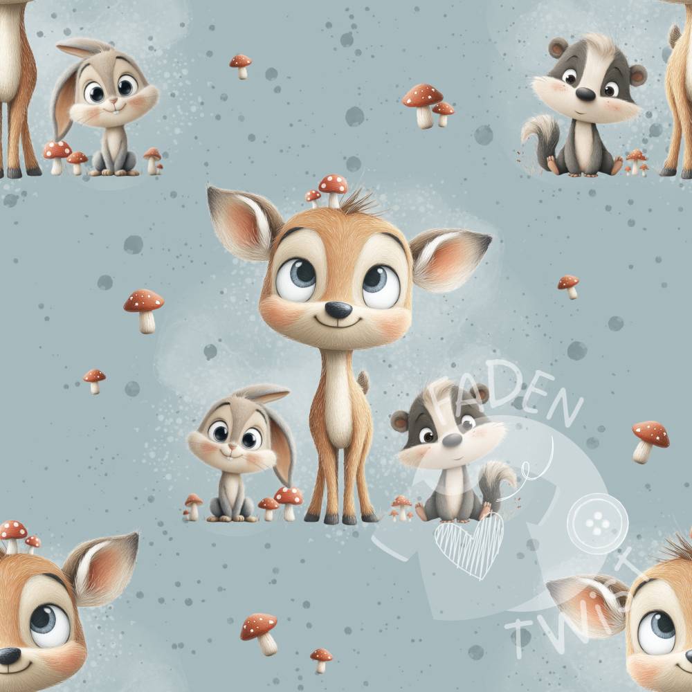 Stoff Meterware Reh, Waschbär, Hase, Waldtiere, Freunde