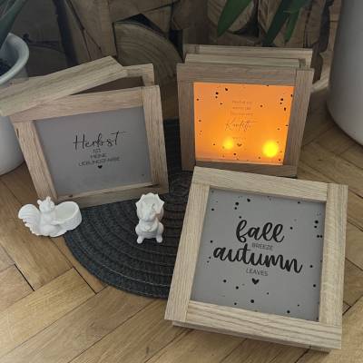 Lichtbox / Leuchtrahmen aus Eichenklötzchen - Herbstliche Sprüche - Holz Dekorahmen Homedeko - Handmade - Geschenk