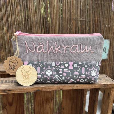 Nähkram Mäppchen – Rosa-Graue Federmappe, Stiftemappe & Schlampermäppchen, bestickt