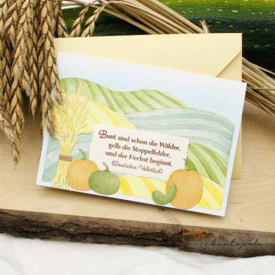 Handgemachte Herbstkarte A6 mit Kürbis, Ähren & Aquarellfeldern – Grußkarte mit Umschlag, Unikat
