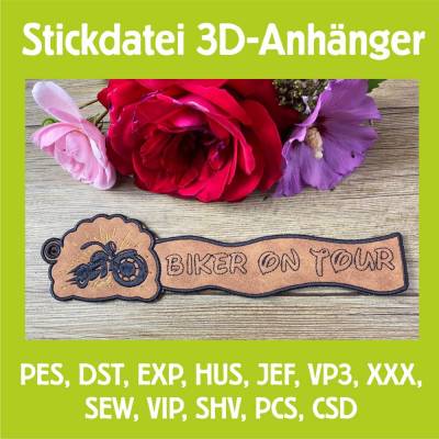 Stickdatei 3D-Anhänger BIKER ON TOUR, Maschinenstickerei, Stickmuster mit Trapunto-Effekt, 3D-Stick, Lesezeichen