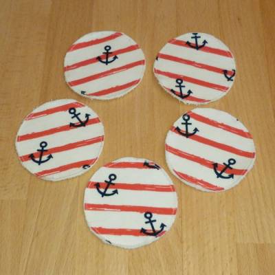 Zero Waste: 5 Kosmetikpads mit Streifen und Ankern, maritim, Biobaumwolle, Handarbeit