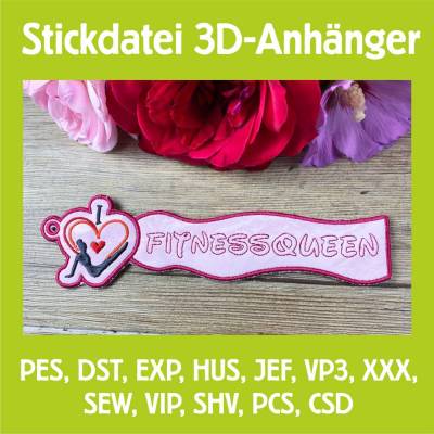 Stickdatei 3D-Anhänger FITNESSQUEEN, Maschinenstickerei, Stickmuster mit Trapunto-Effekt, 3D-Stick, Lesezeichen
