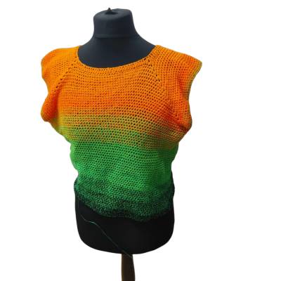 Handgehäkeltes Sommershirt Unikat „Total Halloween“ – Baumwollgarn, leuchtende Halloweenfarben, Unisex, M-L