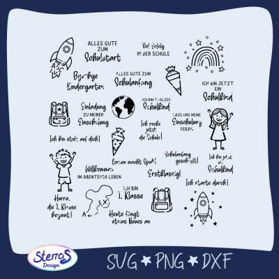Einschulung Plotterdatei Set • SVG DXF PNG • Sprüche & Motive • Rakete, Schultüte, Rucksack, Kinder • 30 Designs