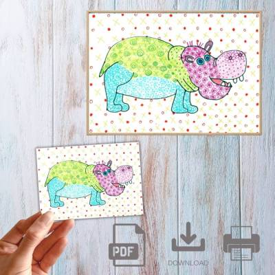 Postkarte, Poster, Illustration , Nilpferd, handgemalt, PDF Download