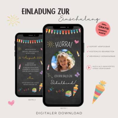 Digitale Einladung zur Einschulung animiert, personalisierte Einladungskarte zum Schulanfang, WhatsApp Canva-Vorlage 