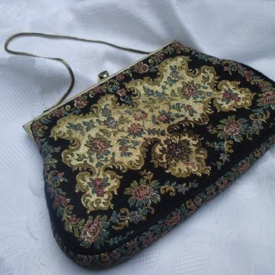 Vintage Abendtasche Petit Point Clutch Tasche Brocante Blumen Ornamente Schwarz Blumenmuster Gold