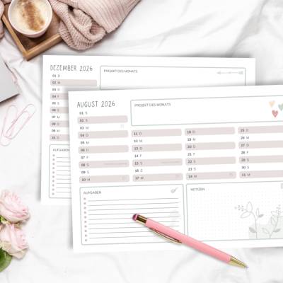 Jahreskalender 2026 zum Ausdrucken | PDF Download | A4 Querformat | mit Feiertagen und Kalenderwochen | rosa verspielt B