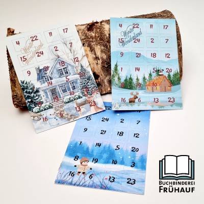 Adventskalender Postkarte A6 mit 24 Türchen – Winterlandschaft, Überraschungsmotive & Adressfeld
