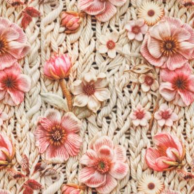 ♕ Alpenfleece Stoff mit Anemonen Blumen Strickoptik naturweiss 50 x 150 cm Kuschelsweat ♕