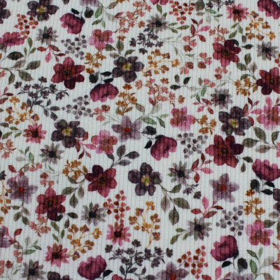 Rib Jersey, Rippjersey, Streublumen, Flowers, Digitaldruck, creme, bordeaux, Meterware, Blumenstoff, Bekleidungsstoff