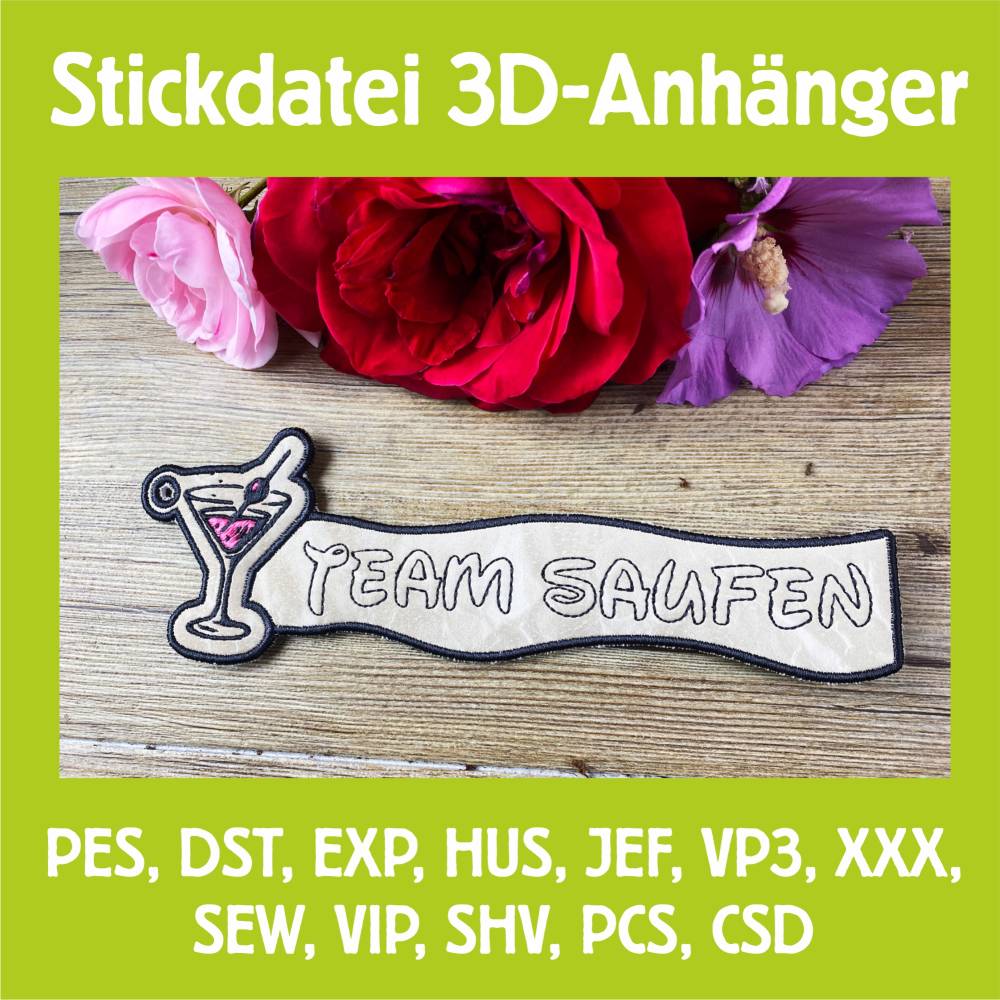 Stickdatei 3D-Anhänger TEAM SAUFEN, Maschinenstickerei, Stickmuster mit Trapunto-Effekt, 3D-Stick, Lesezeichen Bild 1