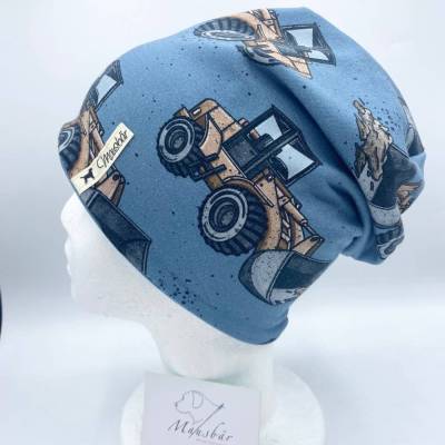 Beanie, KU 50 - 53 cm, Mütze, einlagig, hellblau, Bagger