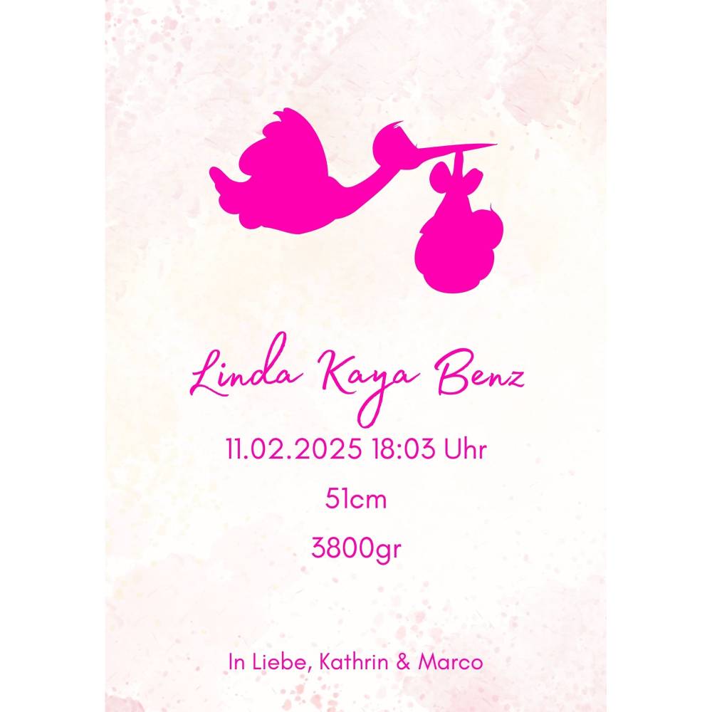Mädchen Babykarte DIN A5 mit Storch personalisiert – Namen, Geburtsdaten & Gruß der Eltern Bild 1