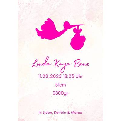 Mädchen Babykarte DIN A5 mit Storch personalisiert – Namen, Geburtsdaten & Gruß der Eltern