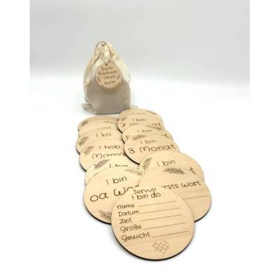 Bayrische Meilensteinkarten aus Holz – Geschenk zur Geburt, 1. Lebensjahr, Dialekt, Bayern
