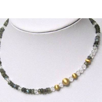 Collier Labradorit & Bergkristall – Silber 925 vergoldet – Handgefertigter Unikat Schmuck