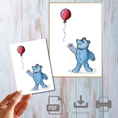 Postkarte, Poster, Illustration , Bärchen mit Ballon, handgemalt, PDF Download