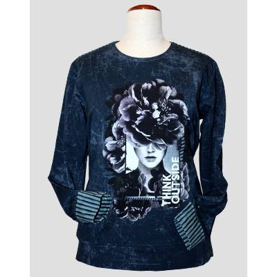 Damen Sweatshirt Langarm Dunkelblau/Blaubatik | Vintage Look | Größen 36-48