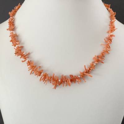 Kette Korallen 46 cm mit Zuchtperlen – Edelkoralle Orangerot, Brautschmuck, Handarbeit
