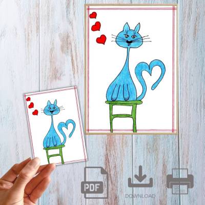 Postkarte, Poster, Illustration , liebe Katze, handgemalt, PDF Download